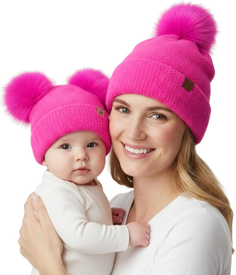 Funky Junque Mommy & Me Double Pom Beanies – Mama & Mini Matching Winter Outfits, Mom & Infant Baby Girl Beanie Hat Set - Image 1